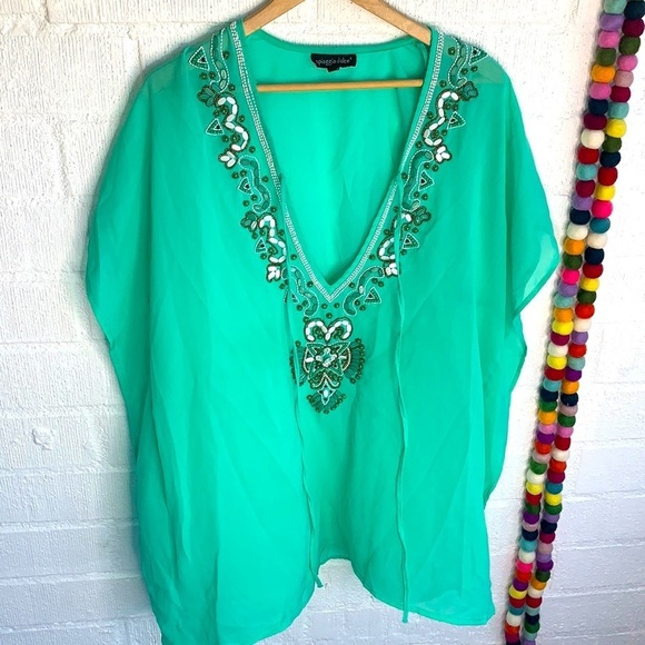 Spiaggia dolce Embroidered Sequins Turquoise Deep V Swim Cover Up sz M - Picture 1 of 7